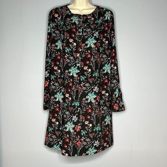 LOFT SMALL BLACK AND FLORAL MIDI LONG SLEEVED DRESS - Picture 1 of 9